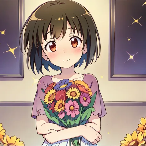 best quality,4k,8k,highres,masterpiece:1.2,ultra-detailed,realistic:1.37,girl with short hair,holding a bouquet of money,portrait,expressive face,detailed features,vibrant colors,studio lighting,warm and soft tones,subtle shadows,medium:oil painting,bokeh