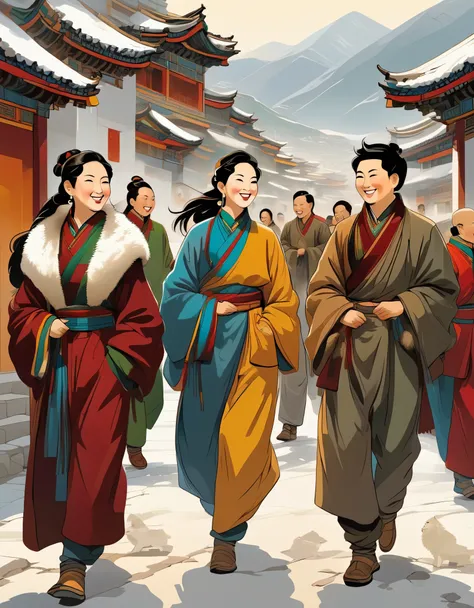 Susanne Paschke style，Vector Art ，vector art，，Chinese oil painting, closeup of Tibetan people wearing plain cotton cloth and woolen trousers standing in the street smiling at each other, with several others dressed in fur coats behind them. The background ...