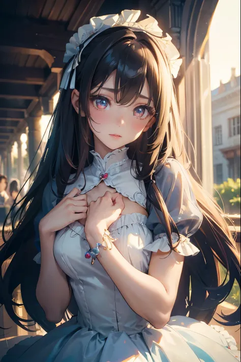 (high quality,masterpiece,4k,8k,16k),cute girl,bust,medium chest,lolita dress,smooth skin,silky hair,vibrant colors,dreamy lighting,shiny girden,subtle details,intense gaze,revealing expression,porcelain-like complexion,graceful pose,gentle atmosphere,pure...