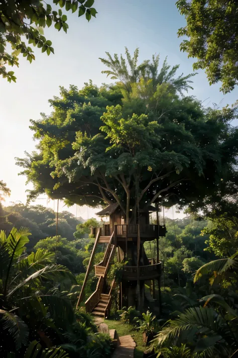 (Piroxium diffused:0.5), Beautiful jungle tree house,cinematic, (masterpiece),energetic