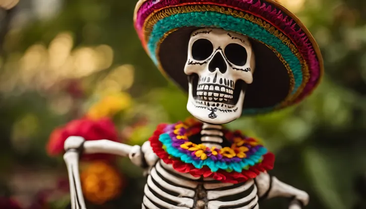 colorful skeleton wearing a mexican hat, celebration, commemoration, day of the dead, mexico, best image, sharp focus, highly detailed, brandless, no one,