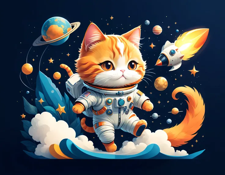 vector art:Cat astronaut,draw with thick lines,illustration,adobe,flat design,Works created by professional designers,Super Brilliant Space Travel,orange cat:Spacesuit,Rocket emblem,technology,adventure,spaceship,outer space,no gravity,buoyant,floating obj...