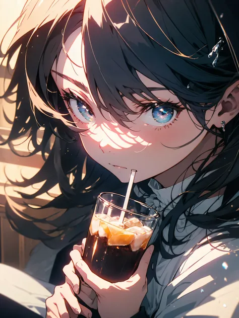 (highest quality、masterpiece、High resolution、detailed)、(Shining eyes、detailed beautiful face)､ One girl wearing a lolita dress, drinking an iced drink for breakfast、living room at home、bright interior、beautiful anime 4k、(highest quality、masterpiece、High re...