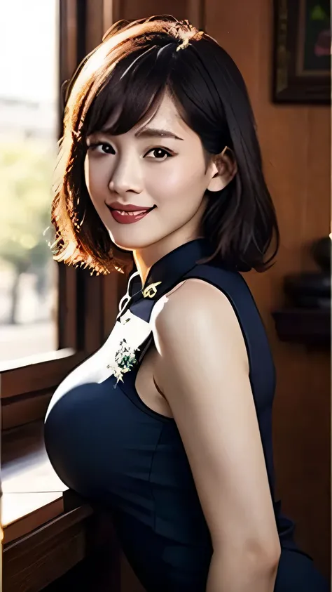 Highly detailed CG Unity 8K wallpaper, top quality, Super detailed, table top, realistic, photo-realistic, Highly detailed cute girl, 40 years old, ,, Upper body , ,Huge ,black eye,navy blue cheongsam dress,smile,big ass,big breasts