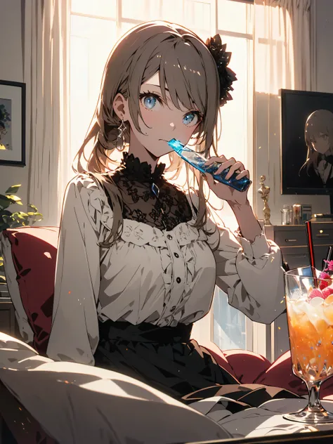 (highest quality、masterpiece、High resolution、detailed)、(Shining eyes、detailed beautiful face)､ One girl wearing a lolita dress, drinking an iced drink for breakfast、living room at home、bright interior、beautiful anime 4k、(highest quality、masterpiece、High re...