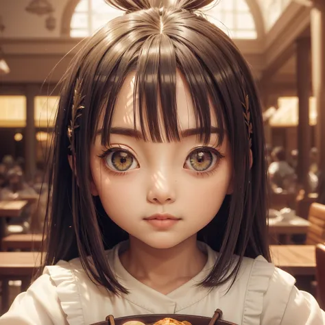 Ultimate cute scene with a ridiculously cute big eyed girl in a restaurant, All shapes and clarity at close-up level, Beautiful sunshine - automatic