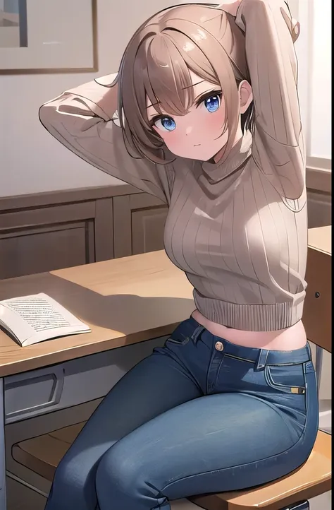 masterpiece, best quality, ultra detail, girl, jeans, stretching, sit, sitting, chair, desk, sweater, brown sweater, cropped sweater