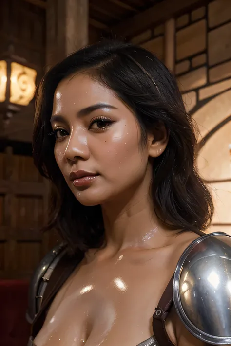 35 years Old, (Sugar mommy), (Sensual Lips), (White Skin), ((beautiful Indonesian mature Woman)), ((glossy skin)), soft shadow, soft lighting, vibrant colors, dynamic lighting, (bob hair), (medieval theme), pub background, (wearing medieval armor)