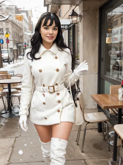 30 years old bettie page, makeup, olive skin, curly black hair (middle lenght), outside in front of the coffee shop , winter times, snow falling, daylight seductive smile, longest ever white leather trench , white wool sweater, high white boots, maxy wool ...