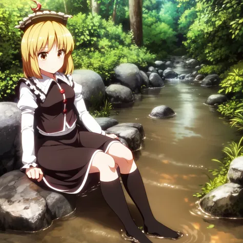 1girl,touhou,(lunasa prismriver,black kneehighs,no shoes:1.1),socks stepping on the mud