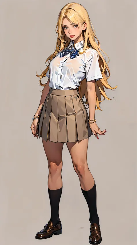 ((best quality,4k,highres,masterpiece:1.2)),((character concept art)), 1 female, teenage female, Gyaru high school girl, ((dyed brown or blonde long hair)), hair styled with lots of accessories, (tan skin colour), ultra finely detailed eyes (decorative con...