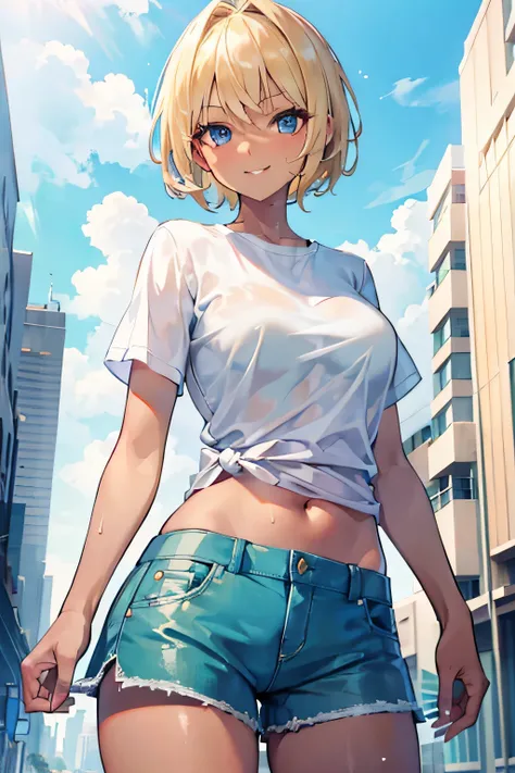 1girl, short blonde hair, blue eyes, wearing white plain shirt, green shorts, tomboy, tanned skin tone, super brown skin color, busty, smiling, not sweating, city, absurdres, high res, ultrasharp, 8k, masterpiece, looking at viewer