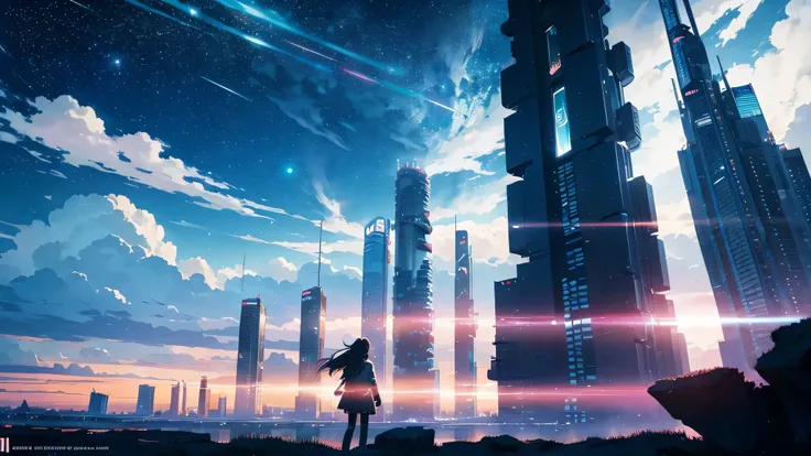 octane, null, star (null), scenery, starry null, night, 1 girl, night null, alone, outdoor, building, cloud, milky way, wood, long hair, city, silhouette, cityscape,anime art wallpaper 4k, anime art wallpaper 4k, universe null. by Makoto Shinkai,, anime wa...