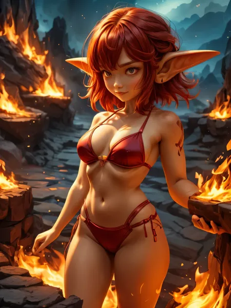 solo, 1girl, ((best quality)), ((masterpiece)), (detailed), 4k, very small goblin girl, bright red skin, pointy ears, fire hair,...