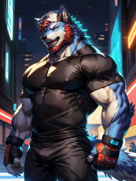 solo, anthro, furry, furry male, wolf, ((fluffy fur, fluffy, furry body)), (wolf print), yellow eyes, backwards baseball hat, snapback, white hat, hair tuft, short hair, (dark blue body, indigo body, muscles), wolf tail, ((cyan hair, short hair)), (beige m...