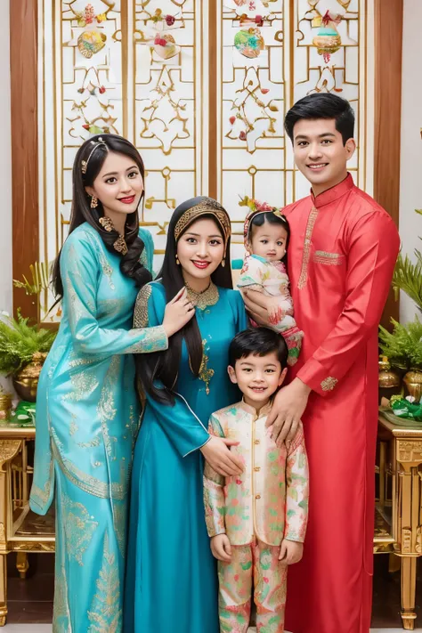 The picture depicts a heartwarming scene of a Malaysian family celebrating Hari Raya Aidilfitri together. The composition showcases the family of four, consisting of a loving mother and father, along with their two adorable children. The image captures the...