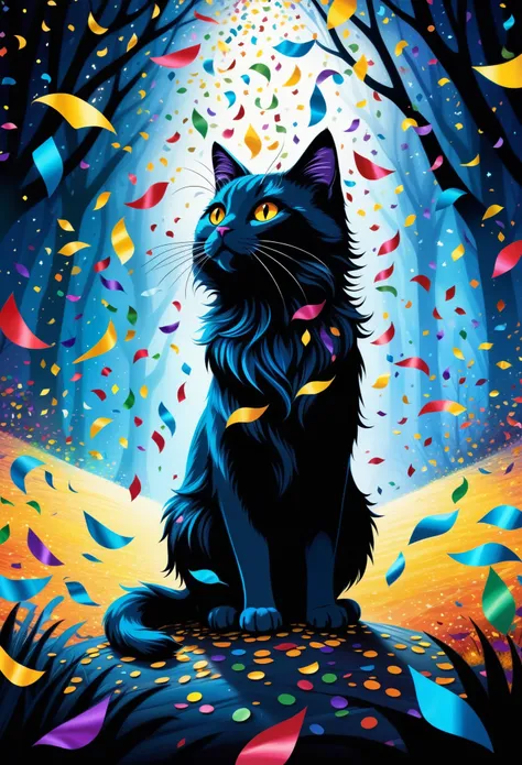 cute sky cat, vibrant paper confetti rains down, stunning illustration featuring kaleidoscope of colorful confetti, dark fantasy realm, enchanted by dark and fantastical world, paper confetti streamers dance in the air, against a backdrop of dark fantasy w...