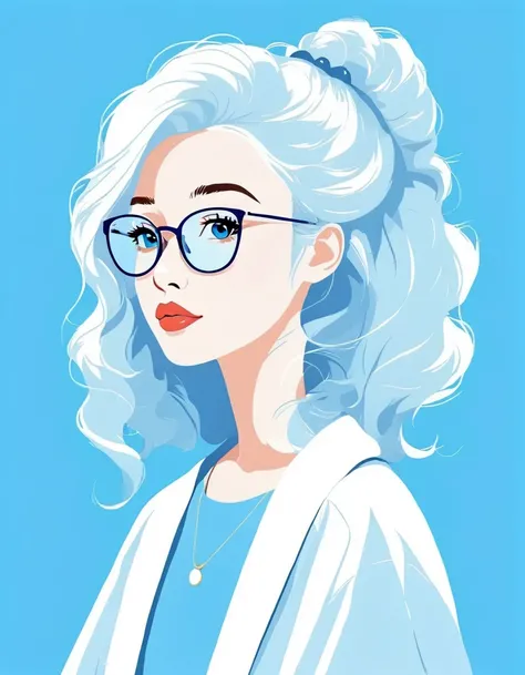 vector art，Helen Huang style，Modern girl，portrait，big glasses，white hair，blue background，vector illustration vector illustration，Flat design style Flat design style，flat illustration flat illustration