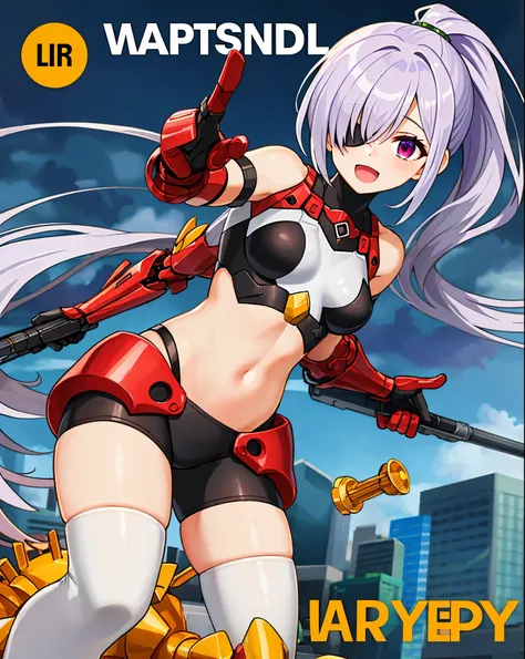 ,1girl,(young_teen:1.5), (short_ponytail:1.3), (light_whitish_purple_hair:1.3),black_mechanical_armor,white_breasts_parts_red_black_body_suit,bare_shoulder,bare_slender_thighs,medium_breasts,city_background,Stinging_eyes,sleepy,thighhigh_greaves,gauntlets,...