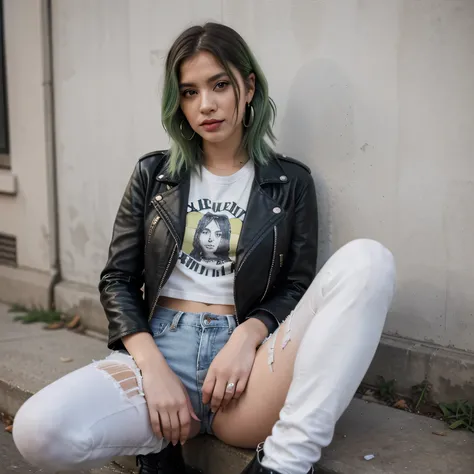 1girls, Nur, green Hair , 24 years old , Black leather biker jacket, white graphic tee, distressed denim jeans, black ankle boots, silver hoop earrings.