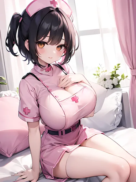 master piece,best quality,(super detail),perfect writing, Highly detailed CG,Super detailed,(highly detailed eyes,very cute face,highly detailed face:1.3),beautiful anime girl,(solo girl),(super huge breasts:1.6),(black hair,short hair,2 side up:1.1),(big ...