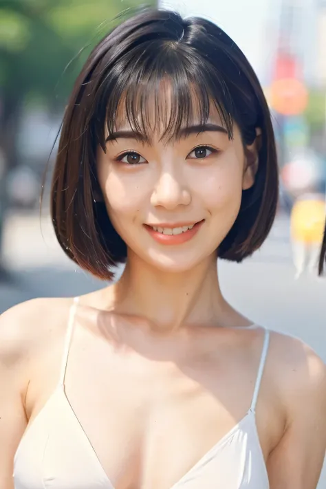 NSFW:1.5,((highest quality、8K resolution、master masterpiece、portrait:1.3)), Photoreal, 35mm film, 1 Japanese female, Upper body、on the street during the day, bob cut、wrinkles around the eyes, plump body、smile,((white bra_panties:1.3)) , (outdoor:city stree...