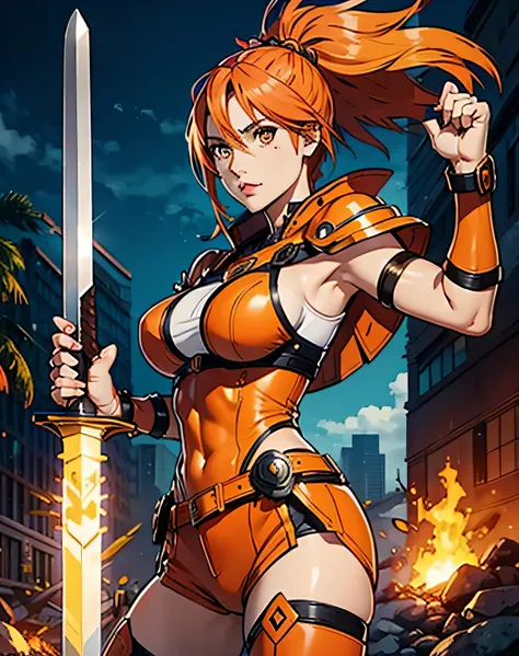 amazon warrior, woman, hero outfit, sword and shield, orange hair