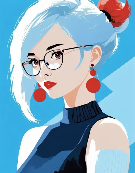 vector art，Helen Huang style，Modern girl，portrait，super short hair，Black sleeveless tight sweater，red geometric earrings，big glasses，white hair，blue background，vector illustration vector illustration，Flat design style Flat design style，flat illustration fl...