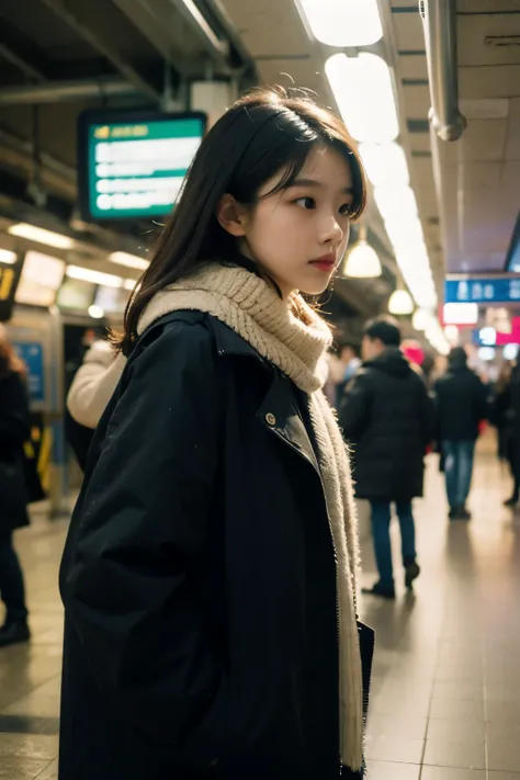 masterpiece,best quality,realistic,Life-like rendering,1 woman,chestnut,cowboy shot,side view,dinner,Night Shooting,girl inside the subway station,The subway passes behind her,motion blur,film grain:1.2,Winter jacket,scarf,Radiant comfort, golden hour, coz...