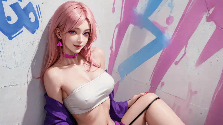 (masterpiece, best quality, 1girl, solo, intricate details, chromatic aberration), realistic, ((medium breath)),long hair, pink hair, red head ornament, pink highlights, hair over one eye,purple eyes, earrings, sharp eyes, choker, neon shirt, She wears a c...