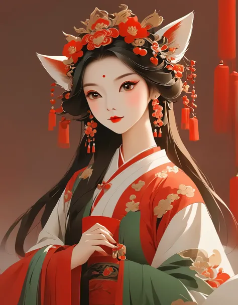 vector art，peking opera fox girl ，fox fairy，（whole body），vector illustration vector illustration，flat design style flat design s...