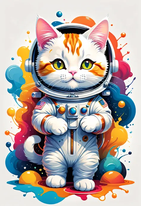 vector art, colorful doodle illustration, cute cartoon:cat astronaut, in the center, bright colors, splashes and stains on paint...