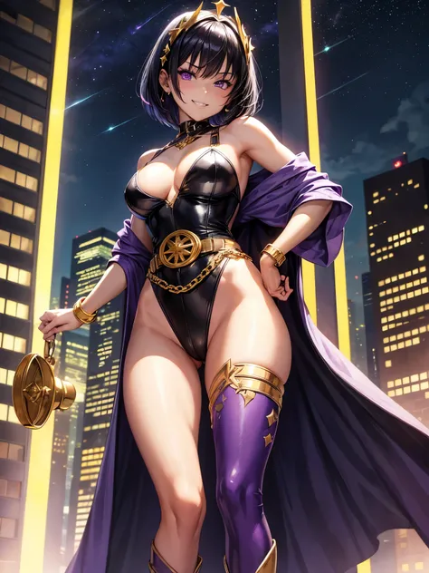 1girl, villain, leotard, purple leotard with gold accents, bare legs, (fastened tight gold belt), boots, ankle boots, bracelets, night sky, standing straight, hands on hip, infused with powers, cityscape, searchlights, black hair, short hair, bob hair, tia...