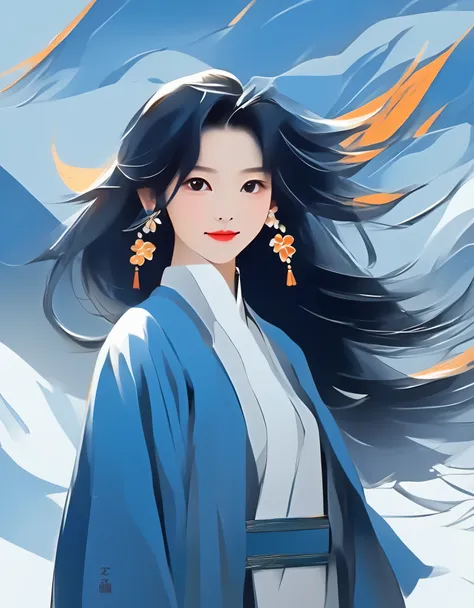 flat illustration style of a playful cool chinese girl,ancient black hair style,wearing a blue coat, wearing earrings,smile, whi...