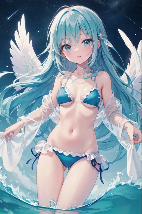 （masterpiece）、(highest quality)、((Super detailed))、(super delicate)、pastel colored hair、beautiful breasts、wet transparent bikini、Sea of night、fantastic starry sky