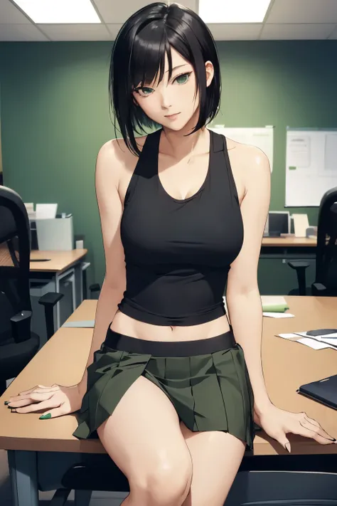 (stripping:1.2),(sexy:1.3),( woman:1.2),(shoulder length black hair),(black tank top),(green jacket and skirt),(enticing),(passionate),(office background),(sitting on desk),(desperate)