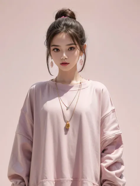 (8K, highest quality, High resolution, masterpiece :1.3), (pink background), stylish, hisense, fashion, The contour is the length of the surface, eyes are long, bun hair, oversized clothes, baggy clothes, colorful, Upper body, necklace, earrings,