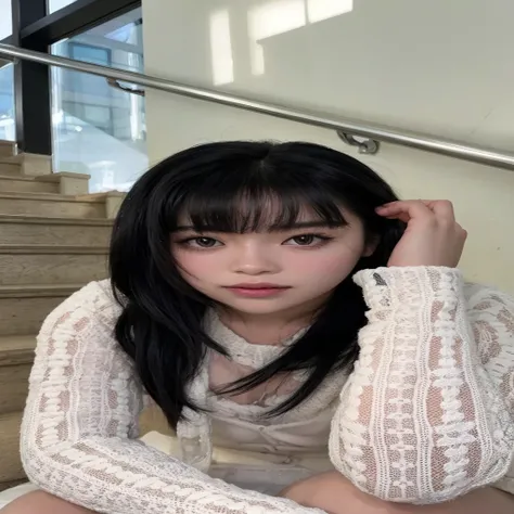 arafed asian woman sitting on stairs with hand on head, ella tiene el pelo negro con flequillo, ulzzang, Jaeyeon Nam, peinado de corte hime blanco, korean symmetrical face, el corte de hime, pelo cortado hime negro, pale korean adorable face, joven y adora...