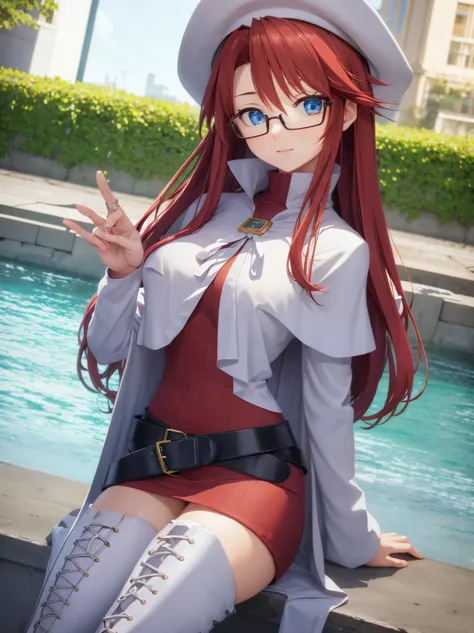 summonnightaty, aty, long hair, blue eyes, red hair, beret, hat, glasses,
break long hair, thighhighs, hat, dress, boots, glasse...