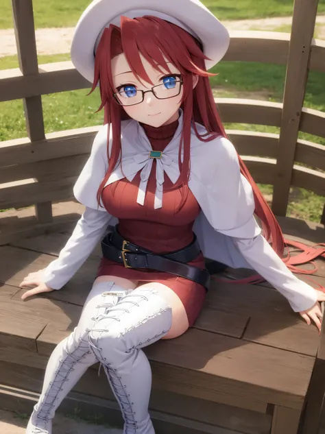 summonnightaty, aty, long hair, blue eyes, red hair, beret, hat, glasses,
BREAK long hair, thighhighs, hat, dress, boots, glasses, belt, cape, sweater, zettai ryouiki, beret, thigh boots, white footwear, ribbed sweater, loose belt,solo,
BREAK outdoors, fan...