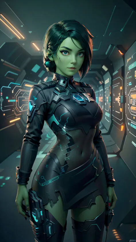 (best quality,highres,ultra-detailed:1.2), cyberpunk, green-skinned female futuristic police officer, sleek complete and futuristic police uniform dystopian cityscape, neon lights, holographic projections, futuristic weapons, augmented reality technology, ...