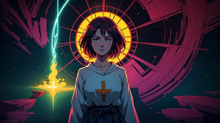 garota de anime, olhando para uma luz sagrada, jesus cristo, adorando, rezando, mar, prayer, rozário Album cover Anime Phonk Brain Sick, musica, ondas sonoras, com cores vermelho e preto neon
