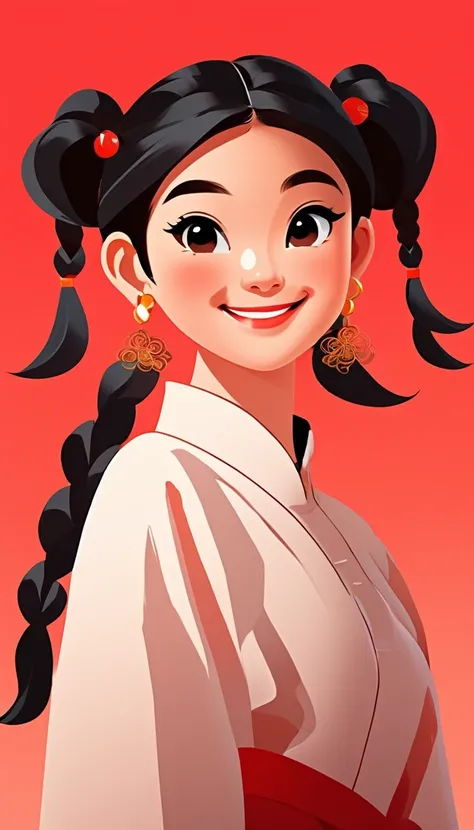 vector art，whole body，flat illustration style of a cute Chinese girl, double braided pigtails black hair, smiling, wearing earrings, close-up，Modern minimalist，red background