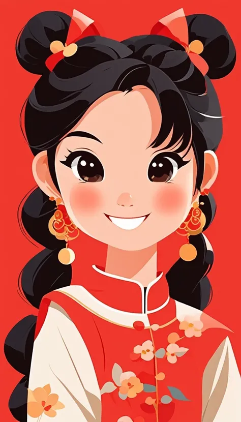 vector art，whole body，flat illustration style of a cute Chinese girl, double braided pigtails black hair, smiling, wearing earrings, close-up，Modern minimalist，red background