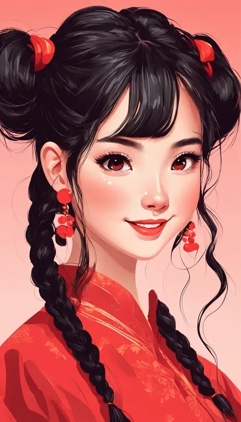 vector art，whole body，flat illustration style of a cute Chinese girl, double braided pigtails black hair, smiling, wearing earrings, close-up，Modern minimalist，red background