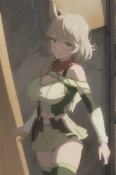 masterpiece, 8K Anime,super detailed, High resolution, 1 girl, alone, (hntsadlhorn, bare shoulders), green eyes, smile, (huge breasts:1.1), green under uniform＿superior, (skirt, very detailed),white panties, (legs spread:1.7, sexy pose),looking at the view...