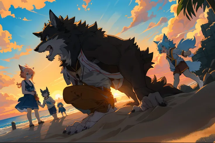 cover page, anime key visual, highres, top quality, best quality, paid reward available, High-quality illustrations, unparalleled masterpiece, perfect artwork, absurdres(family watching sunrise at the beach)((kemono werewolf family with two parents of dive...