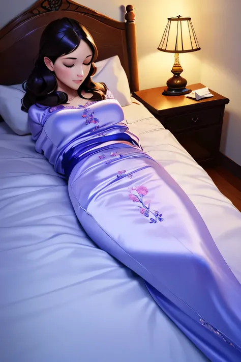 (a girl wrapped in the satin sleepsack, mummification), [oil painting], (best quality:1.2), [soft lighting], [vibrant colors], [...