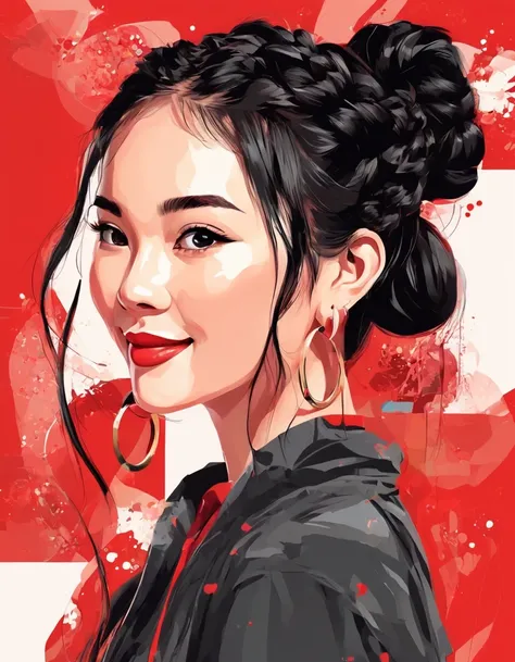 vector art，whole body，flat illustration style of a cute Chinese girl, double braided pigtails black hair, smiling, wearing earrings, close-up，Modern minimalist，red background，in style of collage artwork,  beautiful detailed