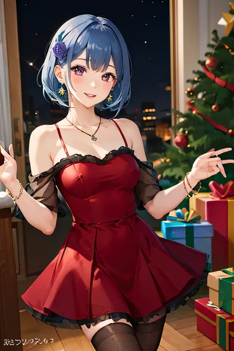 1 girl, bangs, blue hair, bow, box, bracelet, Christmas, Christmas tree, cowboy shot, dress, earrings, fishnet, flower, gift, gift box, hair ornaments, hamel, jewelry, looking at the viewer, colorful hair, necklace, pantyhose, parted lips, purple eyes, red...